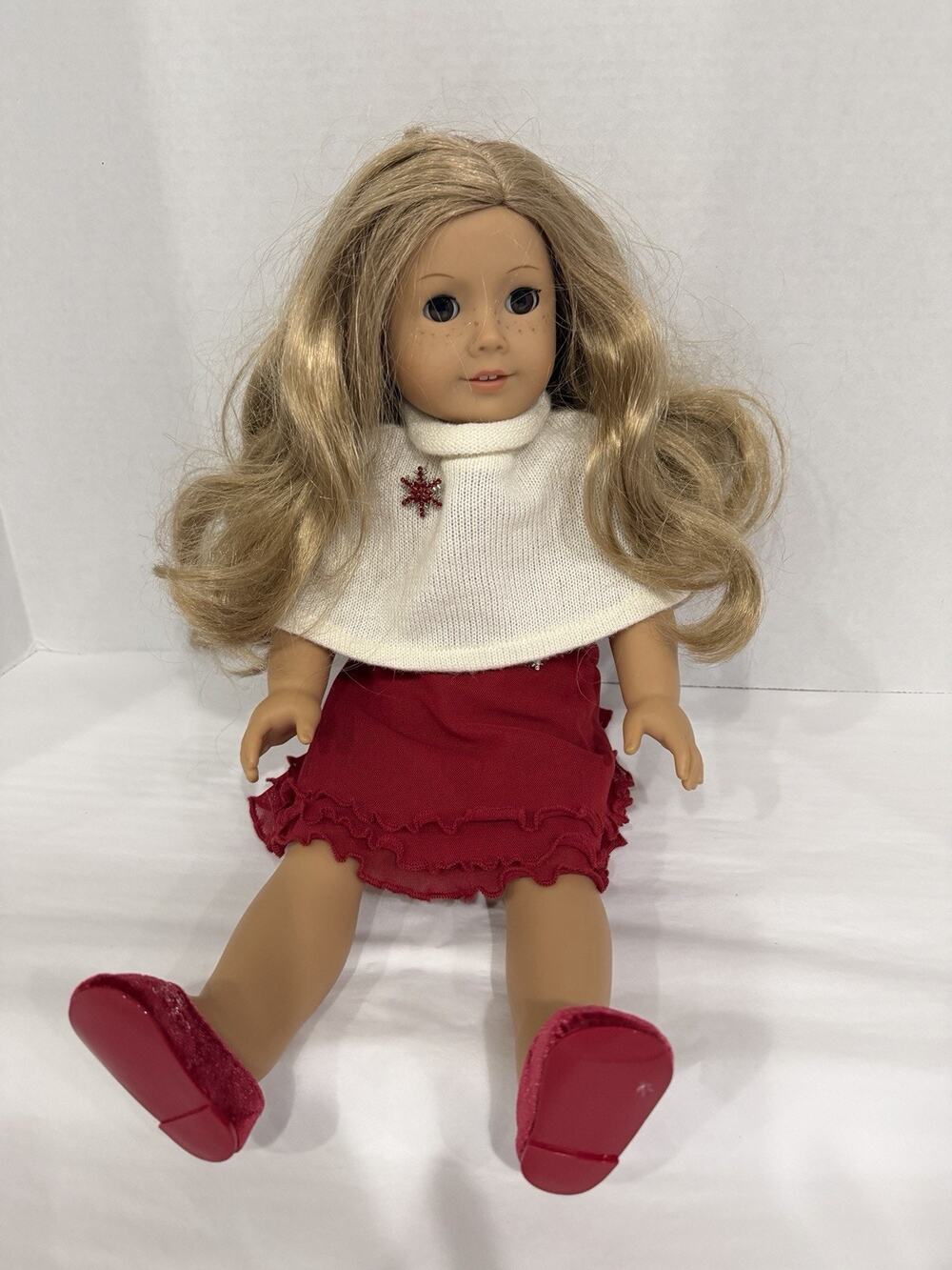 American Girl Doll with red dress outfit BLONE HAIR AND BROWN EYES